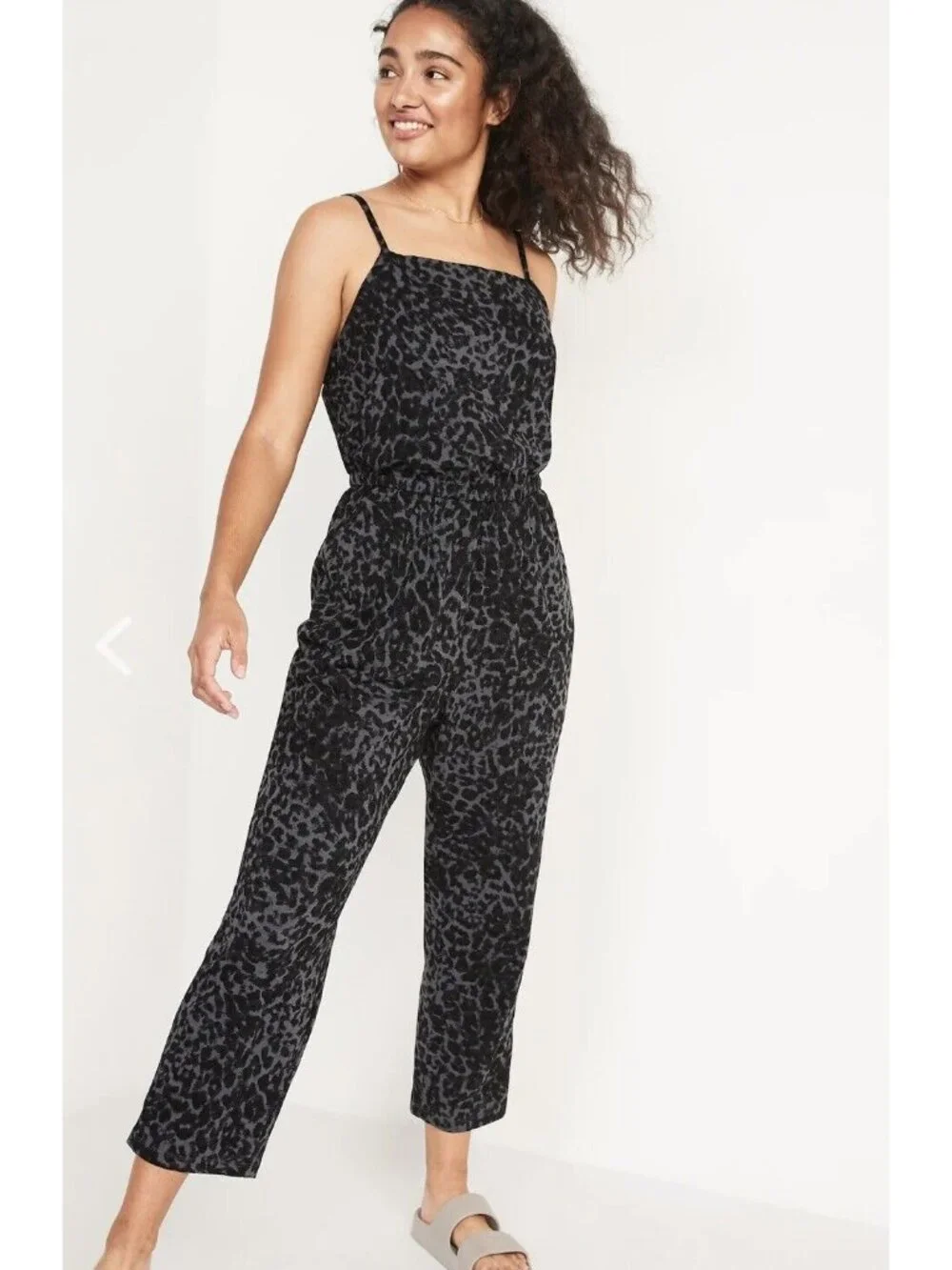 Old Navy Jumpsuit Medium Tall Sleeveless Leopard Animal Print Gray Black Trendy - Picture 1 of 9